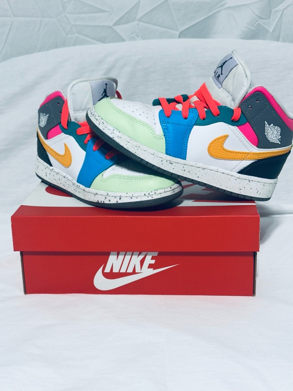 Air Jordan 1 Mid Nike Kids Multicolor High-Top Sneakers with Orange Swoosh